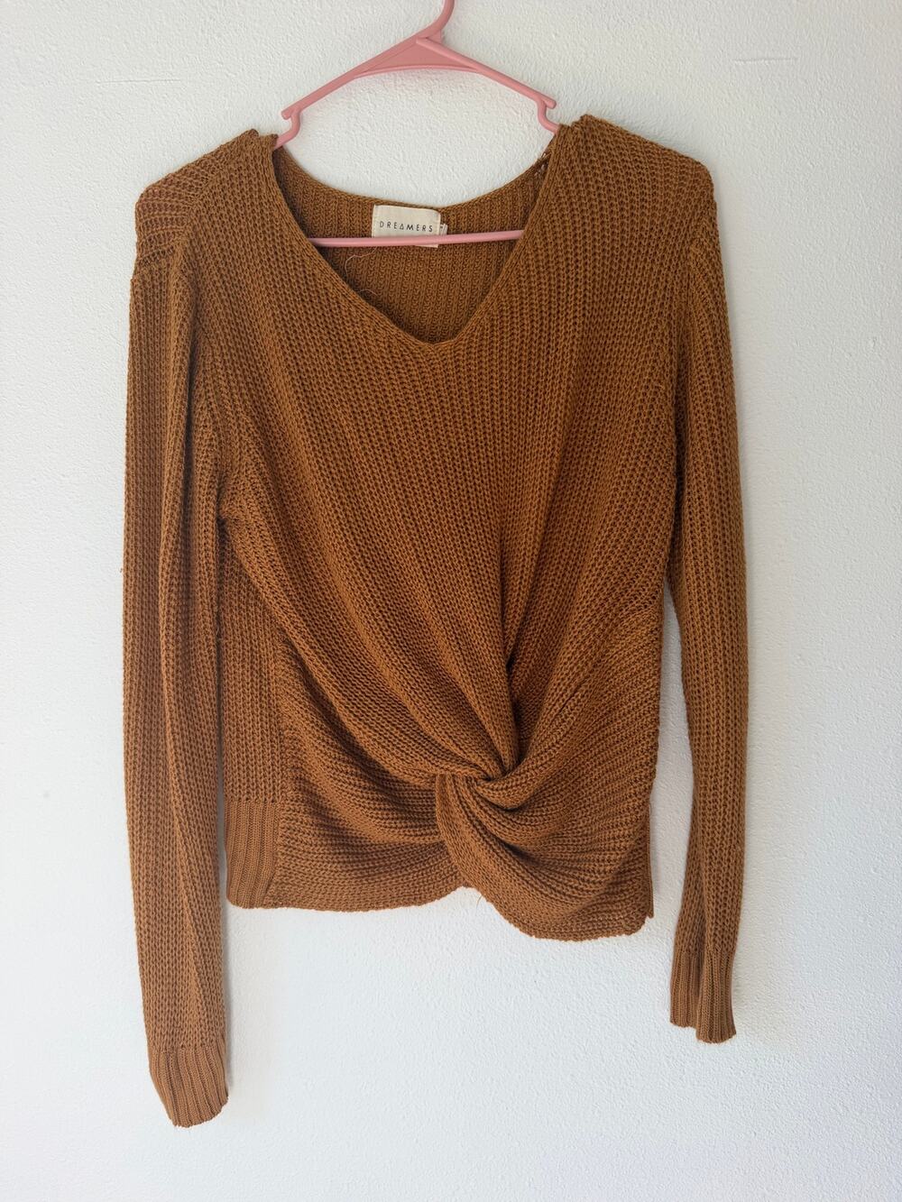 Dreamers Twisted Front Knit V-Neck Sweater Women's Medium Burnt Orange Fall